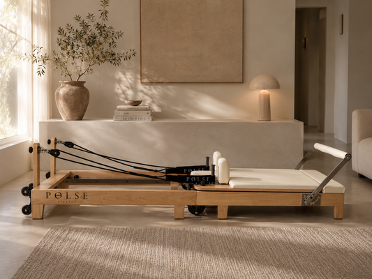 POLSE fold-up Pilates reformer with oak frame