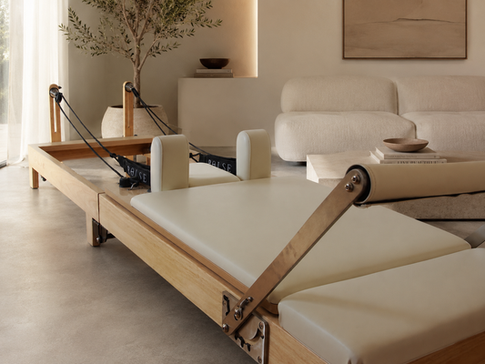 reformer fold up pilates white leather oakwood frame