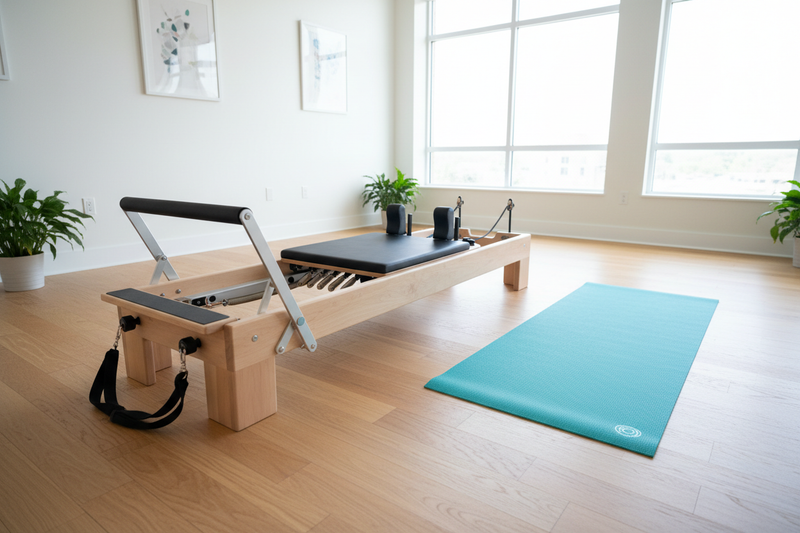 Pilates mat and reformer equipment set up for a full-body workout