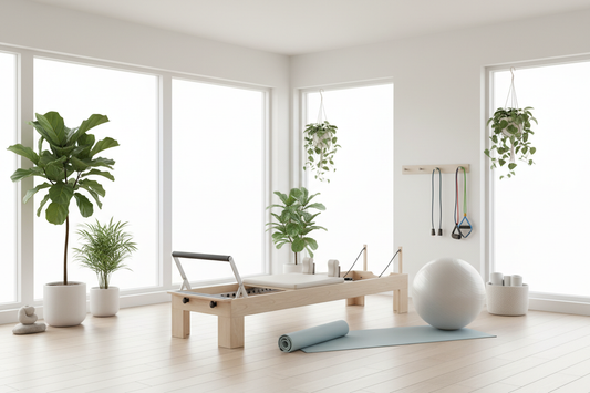 Bright, minimalist home Pilates studio with reformer machine, exercise ball, yoga mat, resistance bands, and indoor plants — ideal setup for home workouts and mindful movement