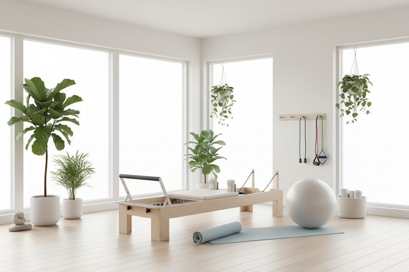 Bright, minimalist home Pilates studio with reformer machine, exercise ball, yoga mat, resistance bands, and indoor plants — ideal setup for home workouts and mindful movement