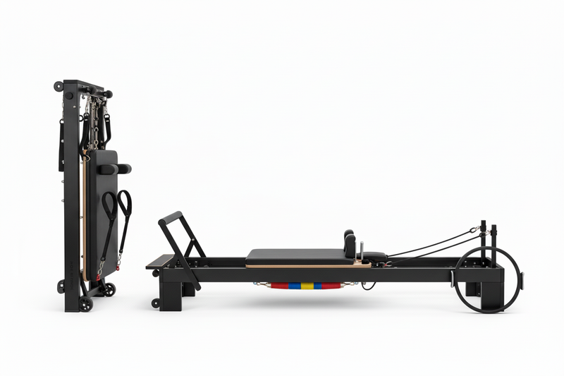 Foldable Pilates reformer machine in upright storage position, highlighting space-saving design for compact home gyms or studios