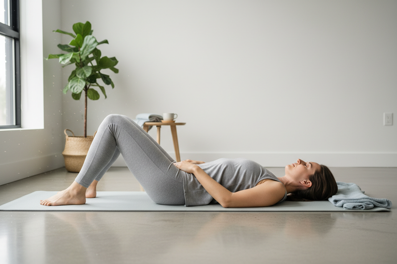 Pilates breathing exercise performed lying down on a mat to improve core control and relaxation