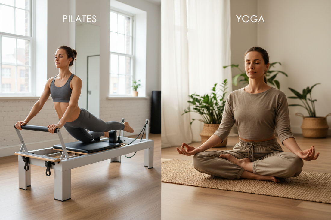 Pilates vs yoga comparison showing Pilates mat and reformer exercises alongside yoga stretching poses