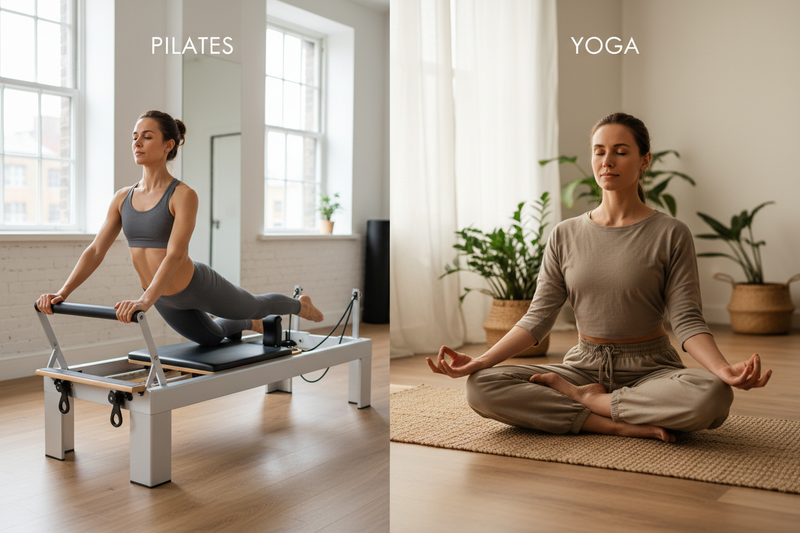 Pilates vs yoga comparison showing Pilates mat and reformer exercises alongside yoga stretching poses