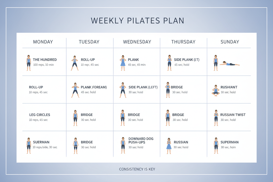 Pilates workout plan outlining exercises and weekly training structure
