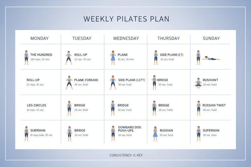 Pilates workout plan outlining exercises and weekly training structure