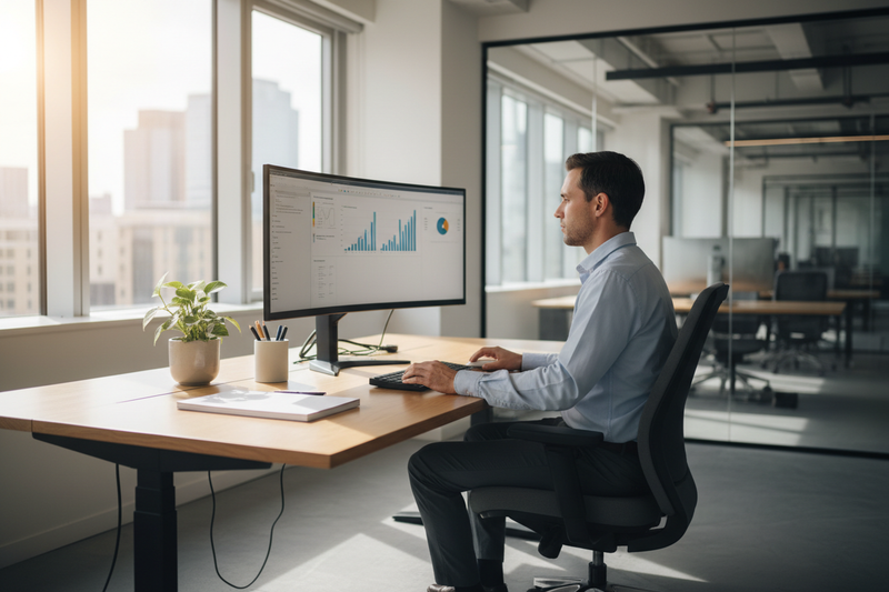 Man sitting upright at a modern office desk, demonstrating ergonomic posture while working on a computer — ideal for desk Pilates or office-friendly exercises