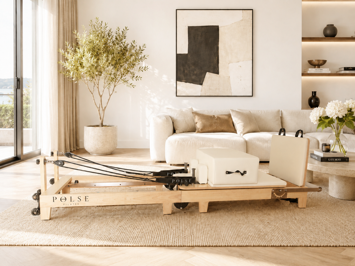 POLSE fold-up Pilates reformer with oak frame