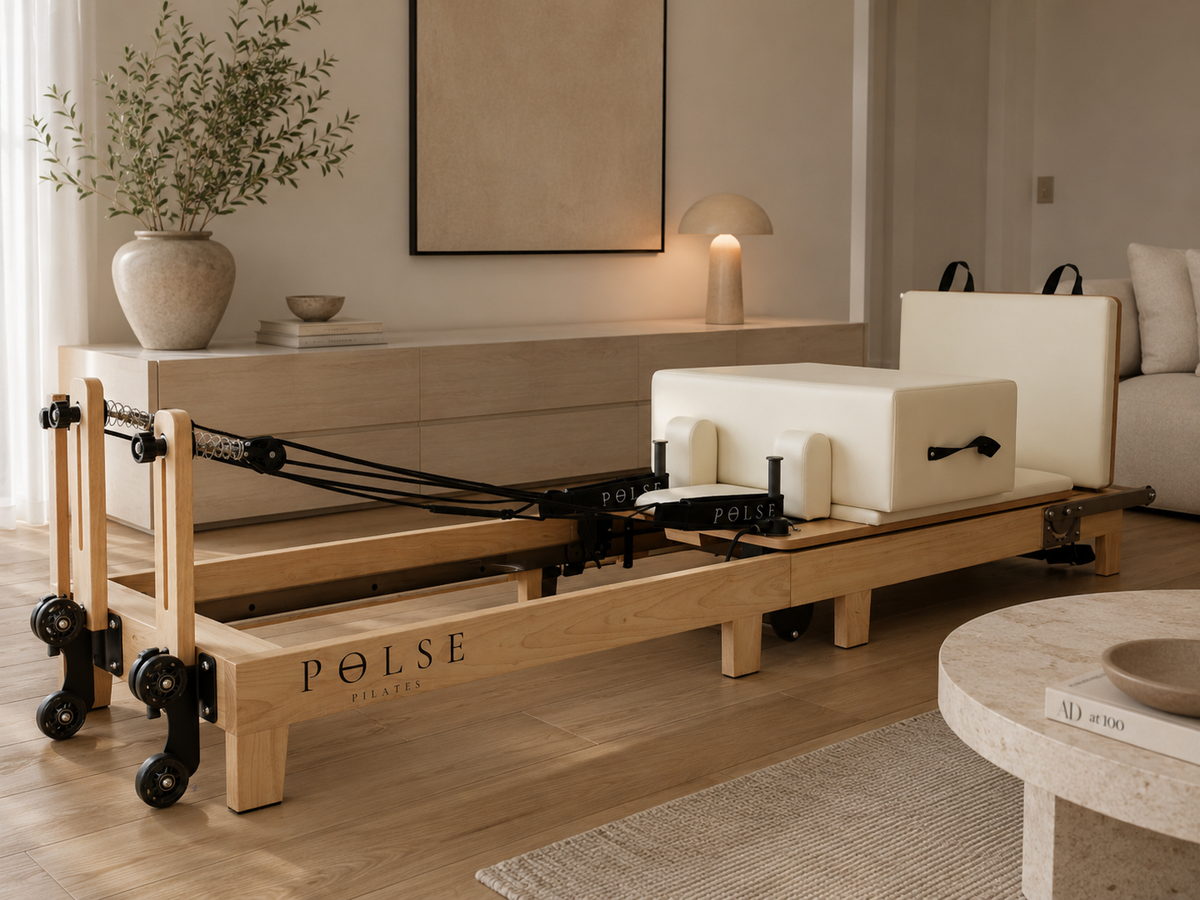 reformer fold up pilates white leather oakwood frame