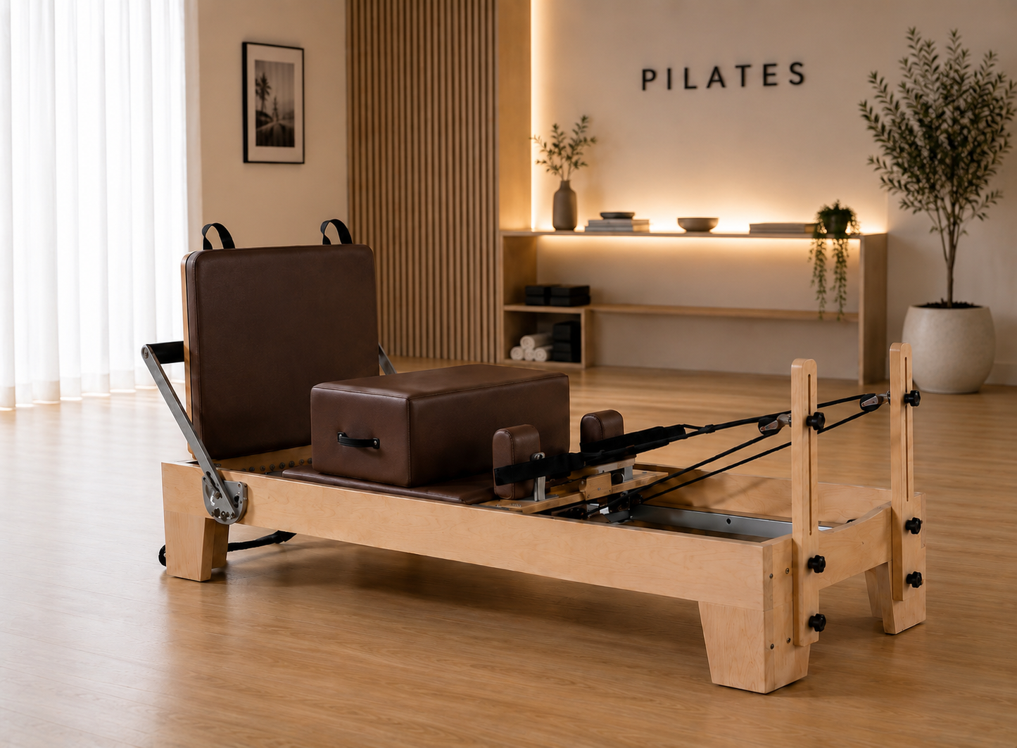 brown studio reformer with oakwood frame in. a sophisticated h9ome design, built for luxury wellness spaces.